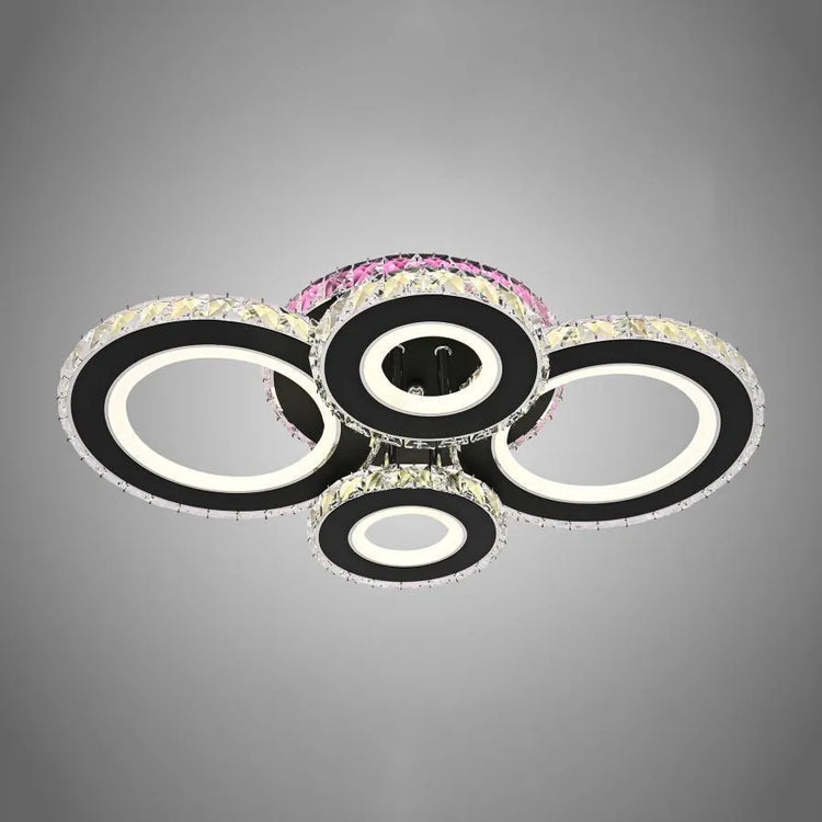 Lustra LED cu telecomanda si cristal MEILI ZAFINA RGB 136W, 4 Cercuri, lumina Rece/Calda/Neutra, Dimabila, Negru