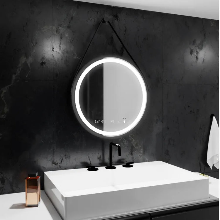 Oglinda LED Senzor MotionGlow Colt Rotunda Diametru 50 cm Lumina Rece/Calda/Neutra Dimabila Sistem Dezaburire Termometru si Ceas Rama Negru Periat cu Curea Piele Ecologica D009
