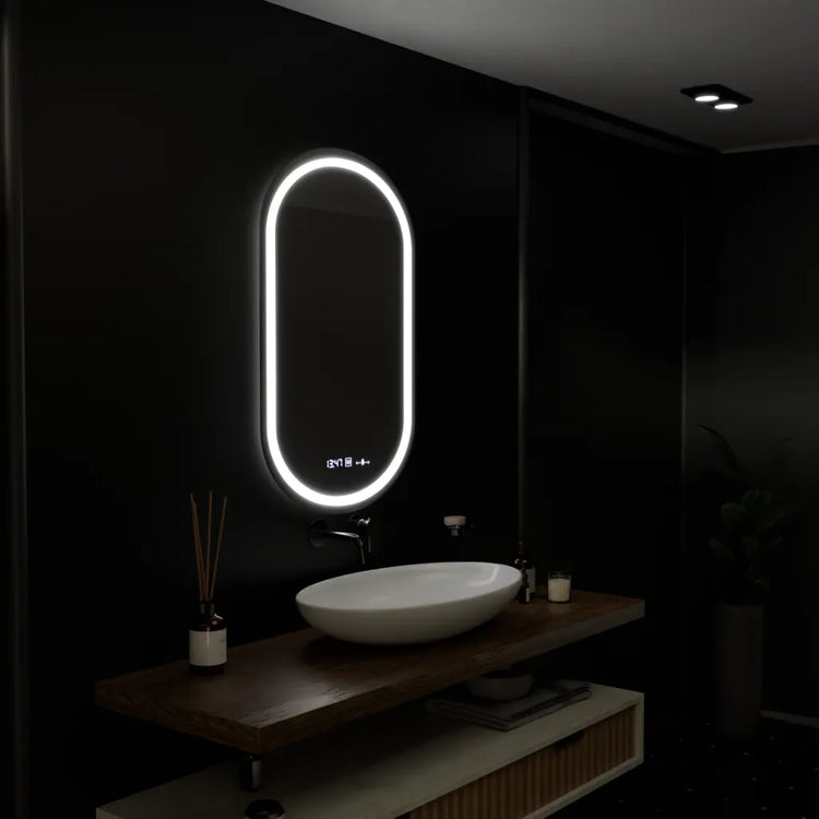 Oglinda LED Senzor MotionGlow Zaffiro cu functie Dezaburire Termometru Ceas 50x80 cm Lumina Rece/Calda/Neutra Dimabila