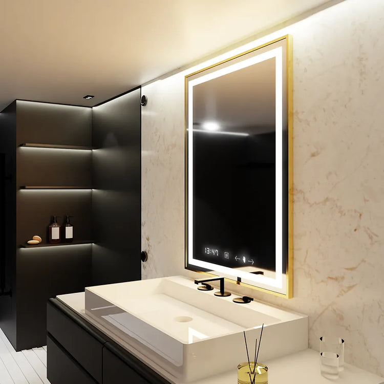 Oglinda LED Rectangulara, 60x80cm, Verite Royale Gold MotionGlow Marcello, Sistem Dezaburire, Ceas & Termometru, Dimabila