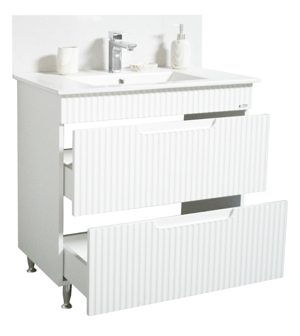 Bază MDF și lavoar Seria 033, 80cm, cu sertare, alb rustic