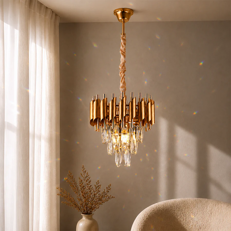 Candelabru Cristal VERSAILLES Petito 3xE14, Diametru 30cm, Auriu, Inaltime Reglabila, Metal si Cristal