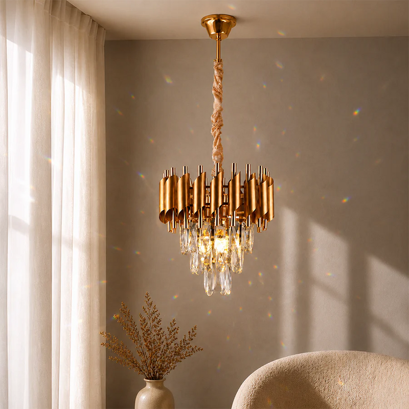 Candelabru Cristal VERSAILLES Petito 3xE14, Diametru 30cm, Auriu, Inaltime Reglabila, Metal si Cristal-1