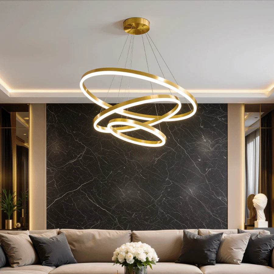 Lustra LED suspendata cu telecomanda ELIZABETH, 85W, 3 Cercuri, lumina Rece/Calda/Neutra, Dimabila, Auriu Lucios, Inaltime Reglabila