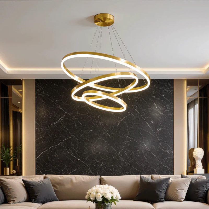 Lustra LED suspendata cu telecomanda ELIZABETH, 85W, 3 Cercuri, lumina Rece/Calda/Neutra, Dimabila, Auriu Lucios, Inaltime Reglabila-1