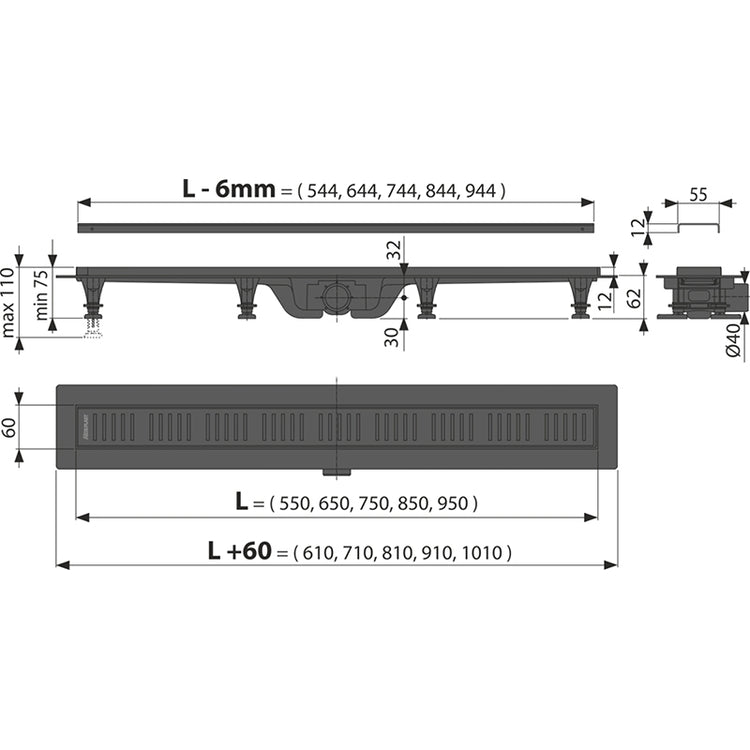 Rigola pentru dus neagra Alcaplast, Simple, 550mm