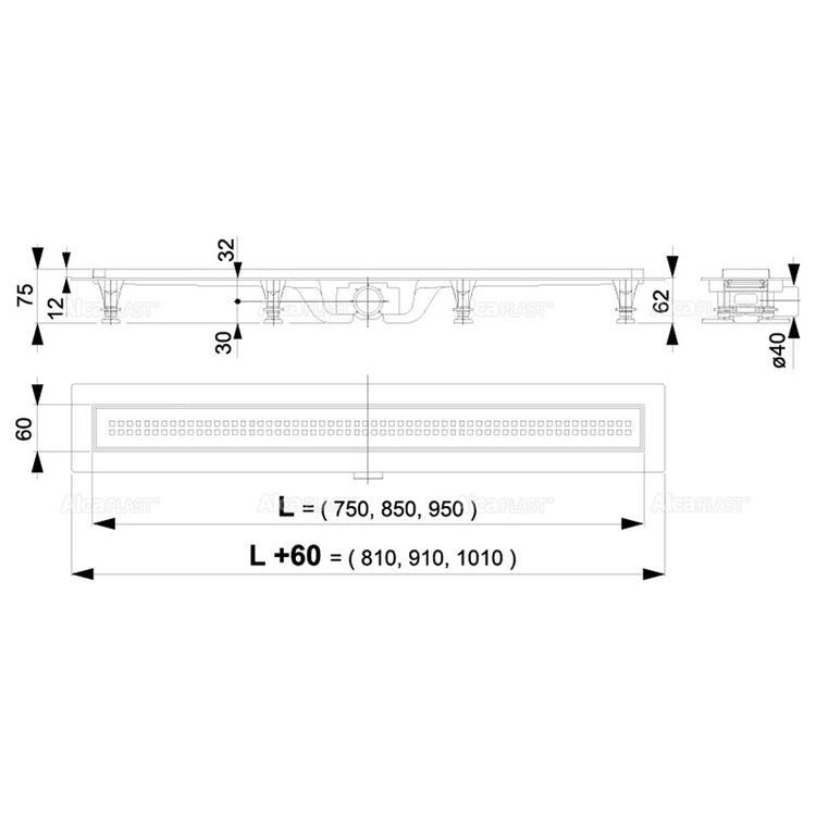 Set rigola de dus, AlcaPlast, Simple, cu capac, 75 cm