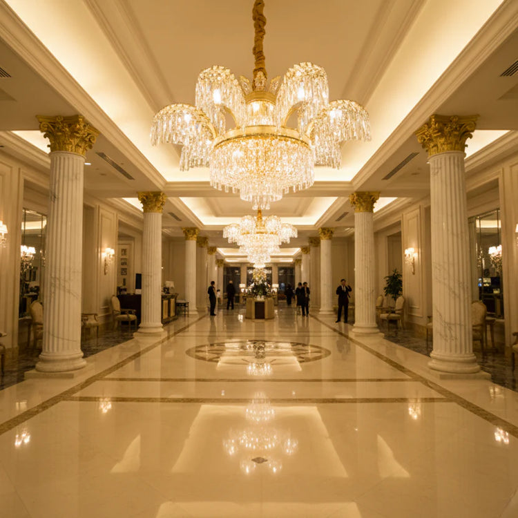 Candelabru Cristal PALACE, 8 brate, D80cm, Auriu Lucios, Inaltime Reglabila, Metal si Cristal