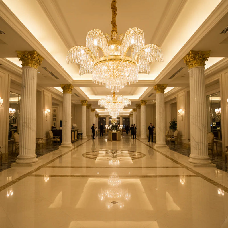 Candelabru Cristal PALACE, 8 brate, D80cm, Auriu Lucios, Inaltime Reglabila, Metal si Cristal-2