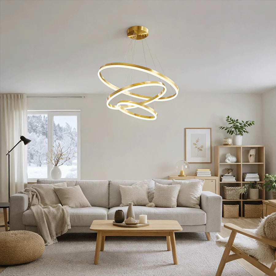Lustra LED suspendata cu telecomanda ELIZABETH, 85W, 3 Cercuri, lumina Rece/Calda/Neutra, Dimabila, Auriu Lucios, Inaltime Reglabila