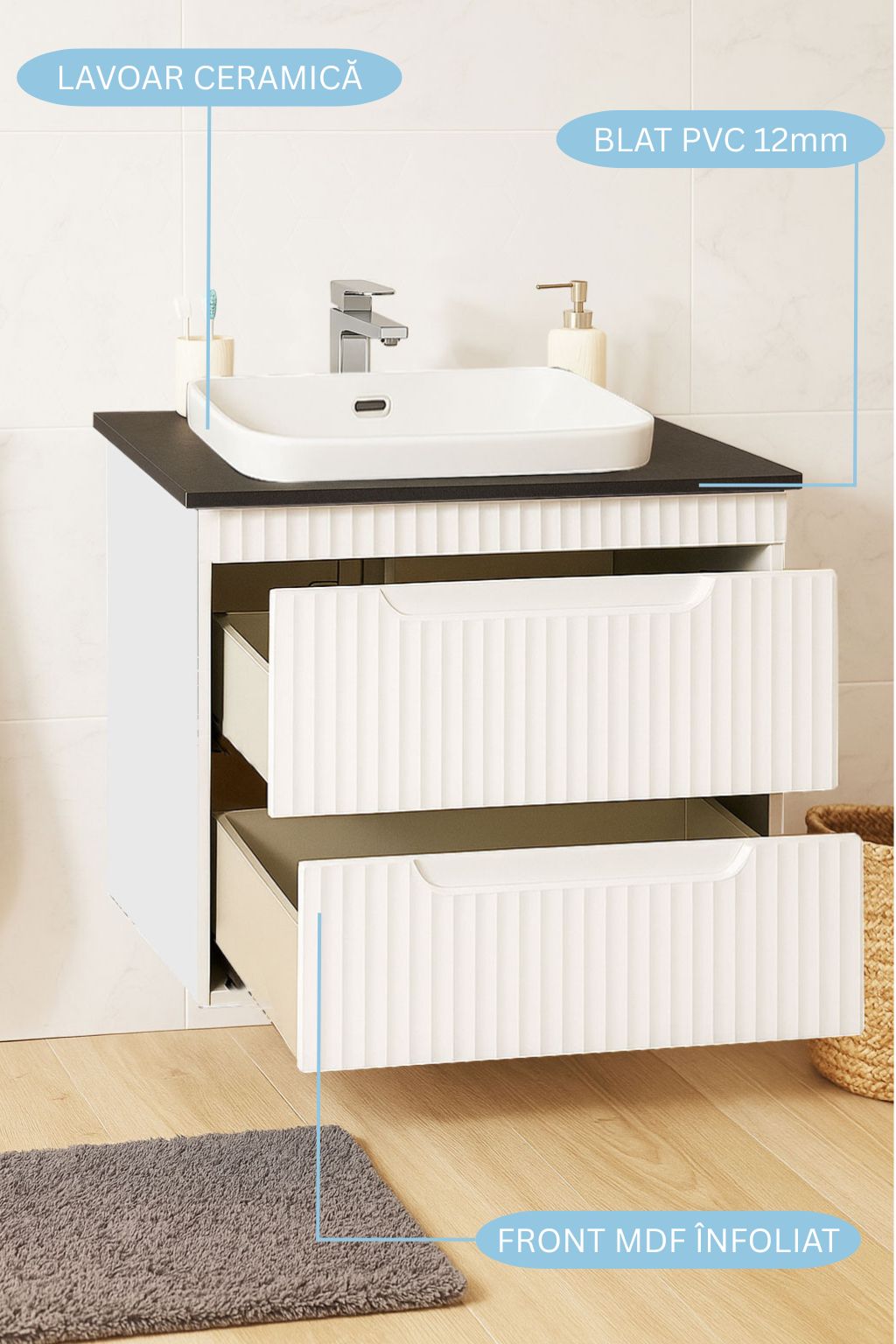 Seria 633 - Mobilier baie MDF cu blat compozit ceramica 60cm ALB + Lavoar Granit