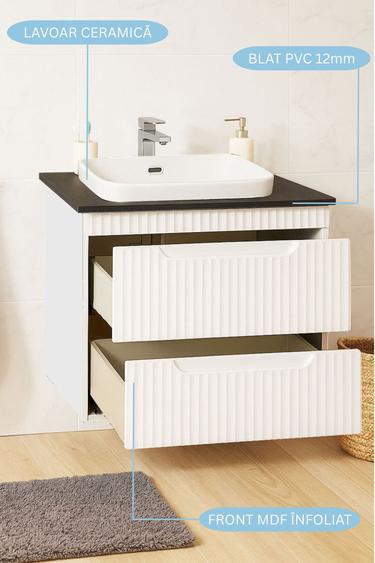 Seria 633 - Mobilier baie MDF cu blat compozit ceramica 60cm ALB + Lavoar Granit