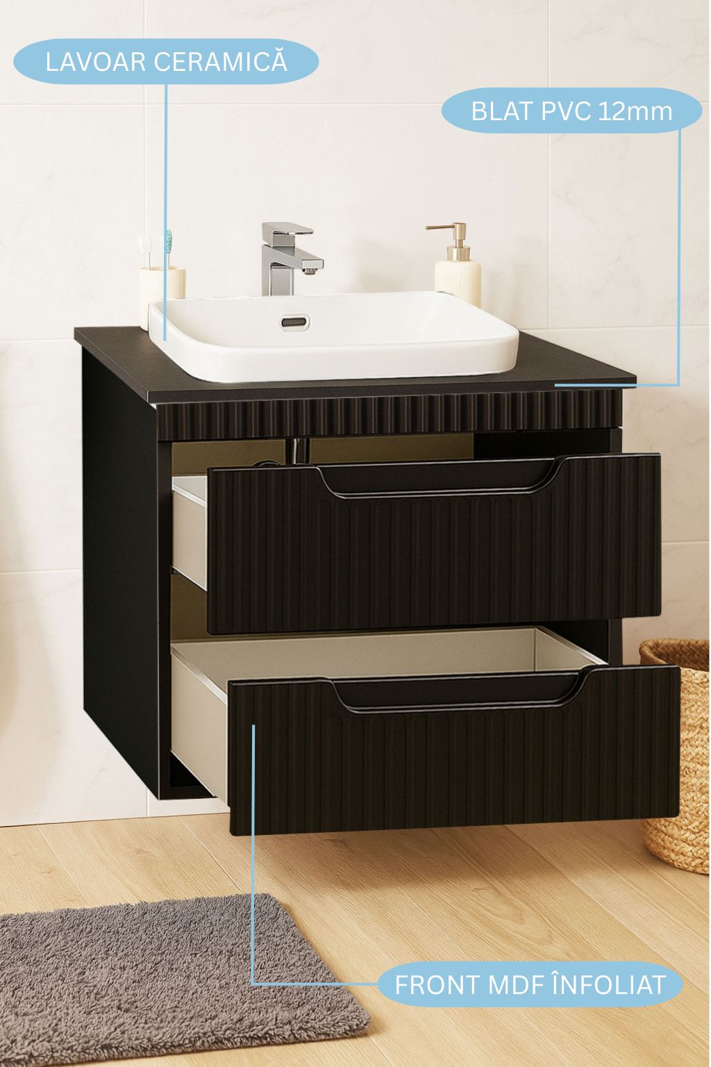 Seria 633 - Mobilier baie MDF cu Blat compozit ceramcia 60cm Negru + Lavoar Granit