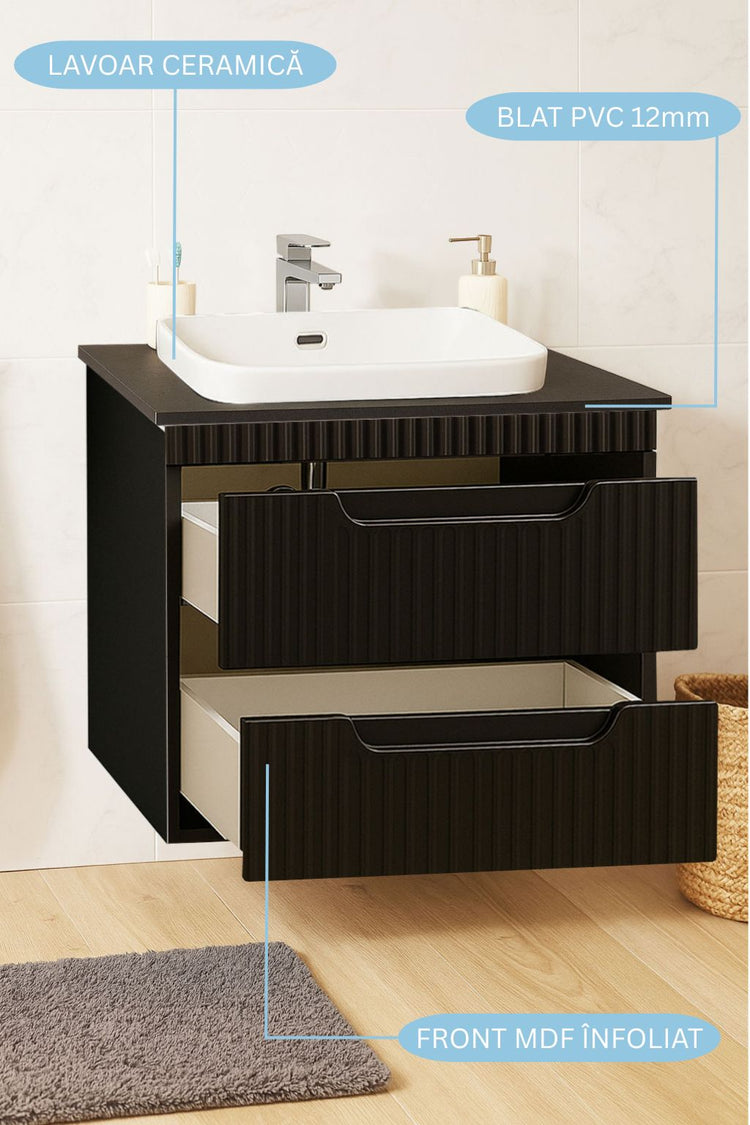 Seria 633 - Mobilier baie MDF cu Blat compozit ceramcia 60cm Negru + Lavoar Granit