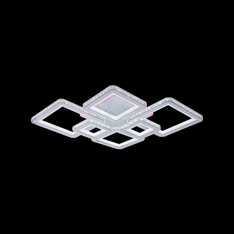 Lustra LED cu telecomanda si cristal QUADRIS RGB 170W, 6 Patrate, Lumina Rece/Calda/Neutra, Dimabila, Alb