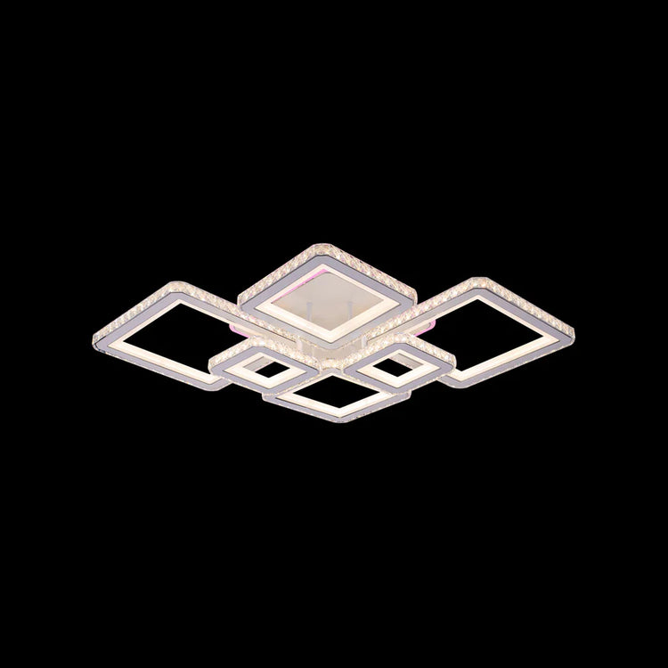 Lustra LED cu telecomanda si cristal QUADRIS RGB 170W, 6 Patrate, Lumina Rece/Calda/Neutra, Dimabila, Alb