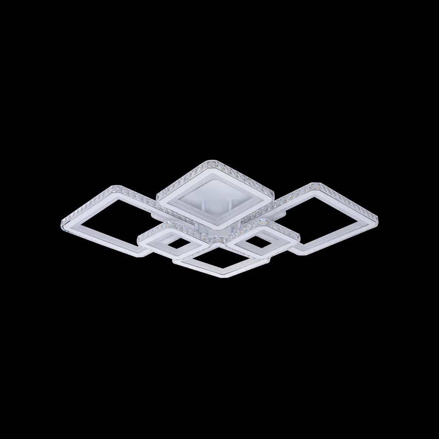 Lustra LED cu telecomanda si cristal QUADRIS RGB 170W, 6 Patrate, Lumina Rece/Calda/Neutra, Dimabila, Alb