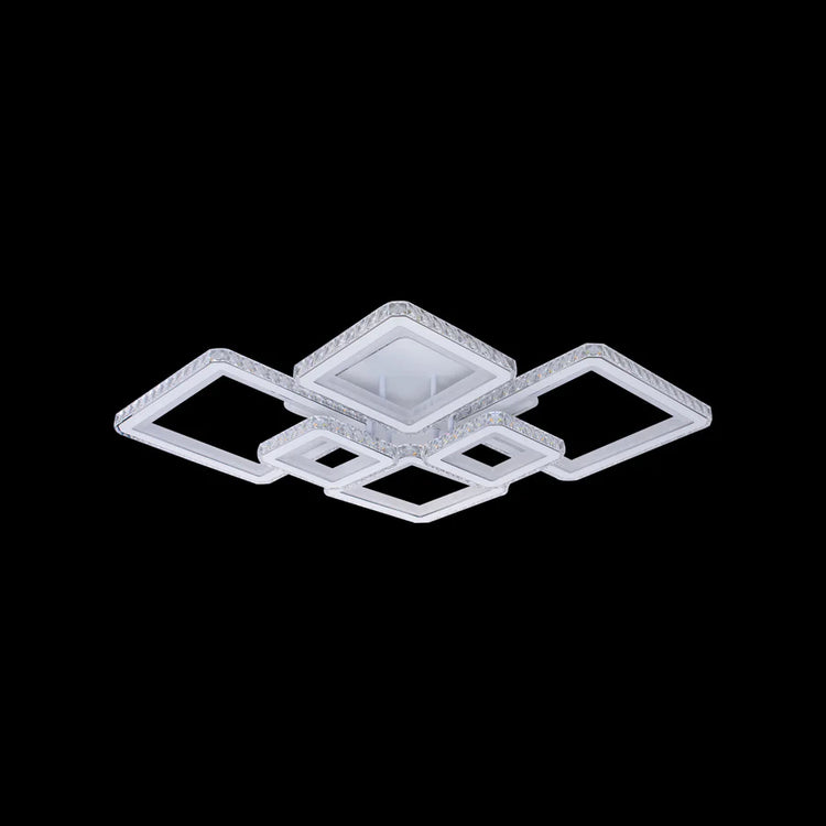Lustra LED cu telecomanda si cristal QUADRIS RGB 170W, 6 Patrate, Lumina Rece/Calda/Neutra, Dimabila, Alb