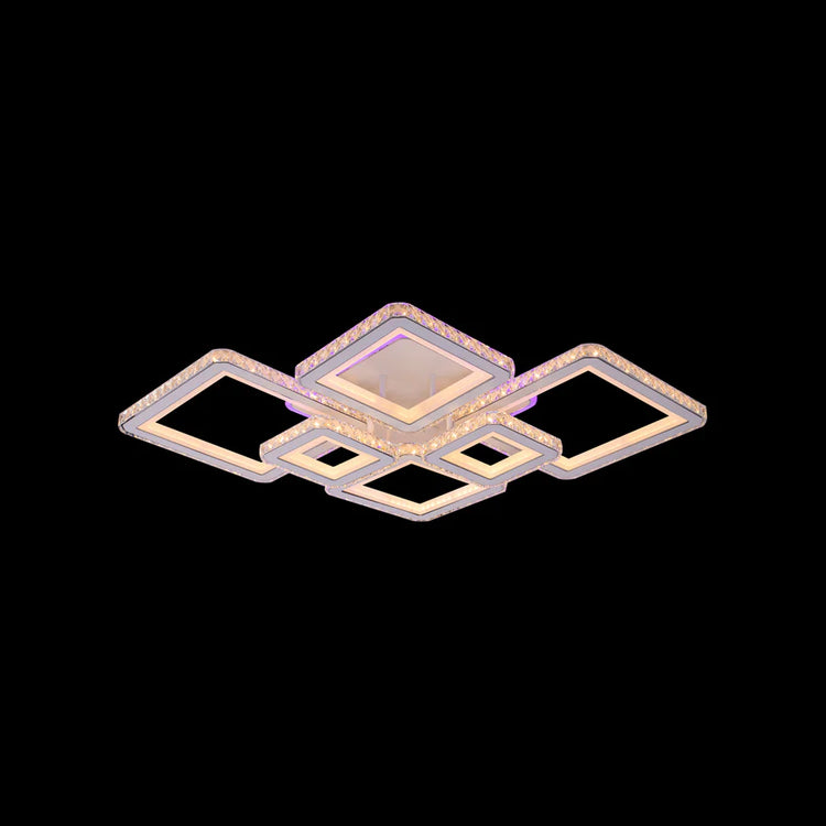 Lustra LED cu telecomanda si cristal QUADRIS RGB 170W, 6 Patrate, Lumina Rece/Calda/Neutra, Dimabila, Alb