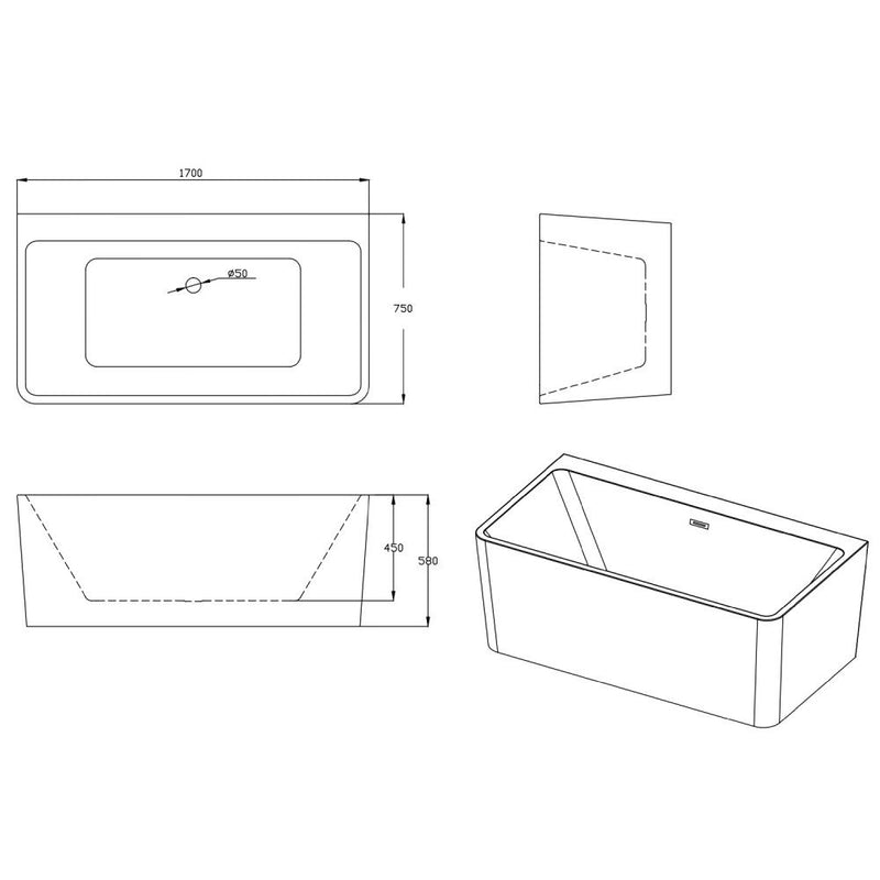 Cada baie freestanding Bella WB-834, acril, 170 x 75 x 58 cm, alb-3