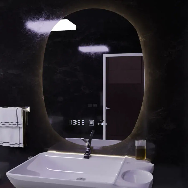 Oglinda LED Ovala, 60x80cm, Ranya Senzor MotionGlow Marcello, Sistem Dezaburire, Ceas & Termometru, Dimabila-1
