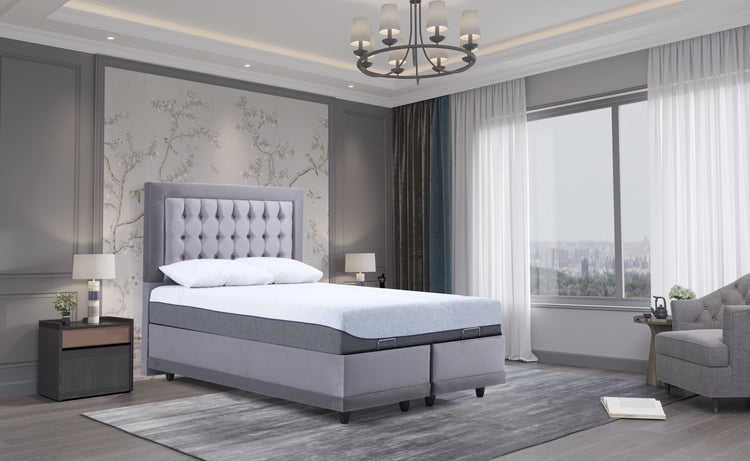 Pat Monday, 160x200 cm, gri, cu saltea si somiera metalica rabatabila