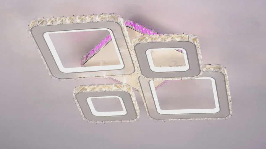 Lustra LED cu telecomanda si cristal TERRANO RGB 162W, 4 Patrate, lumina Rece/Calda/Neutra, Dimabila, Alb Crom Lucios