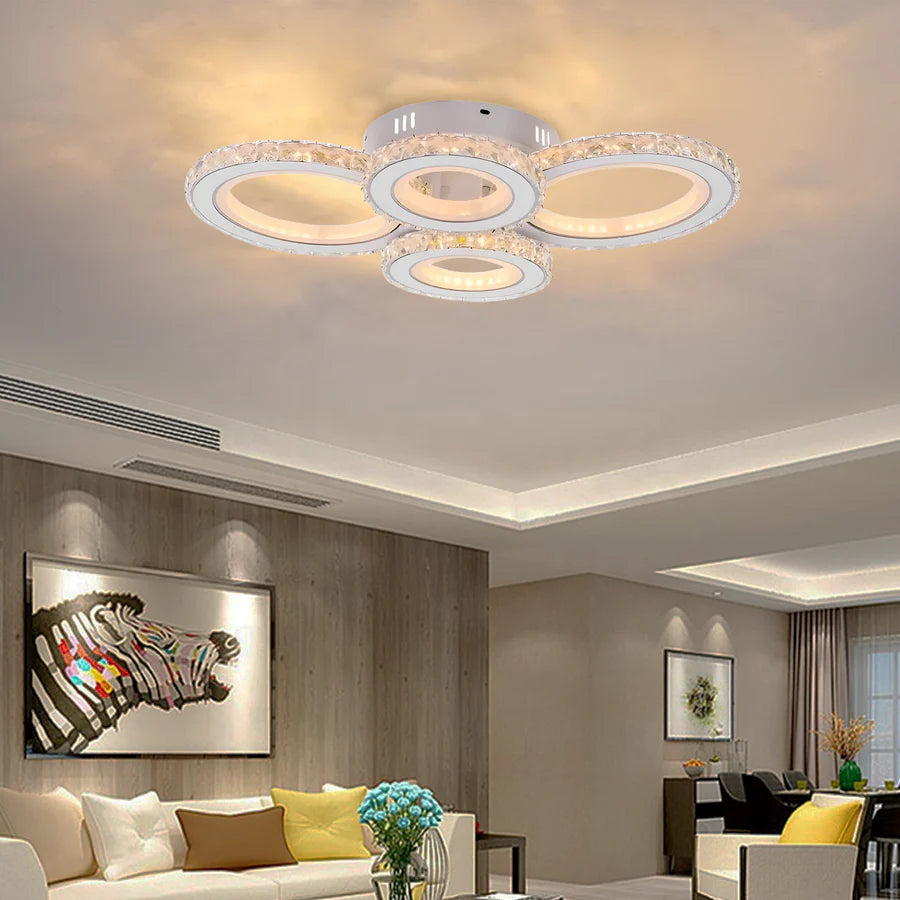 Lustra LED cu telecomanda si cristal NOVA ROTONDA RGB 82W, 4 Cercuri, lumina Rece/Calda/Neutra, Dimabila, Alb