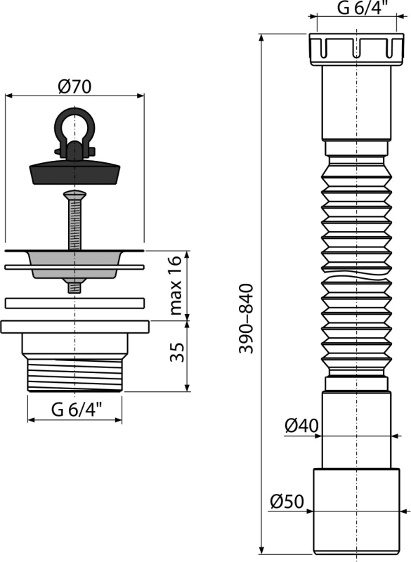 Ţeavă flexibilă 6/4"×40/50, cu piuliţa plastic + Ventil chiuvetă 6/4" cu sită din oţel inoxidabil DN70 A770+A33