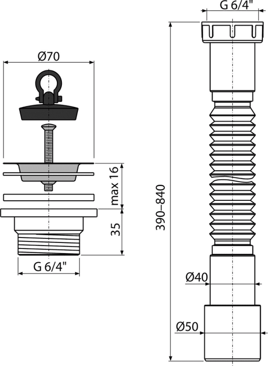 Ţeavă flexibilă 6/4"×40/50, cu piuliţa plastic + Ventil chiuvetă 6/4" cu sită din oţel inoxidabil DN70 A770+A33