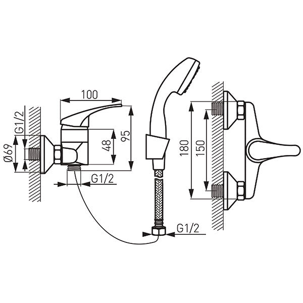 Basic - Baterie perete dus cu set de dus inclus, crom-2