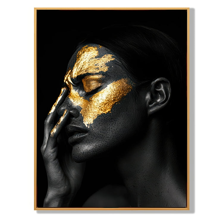 Tablou Canvas Modern Negru cu Accente Aurii, Pictat Manual