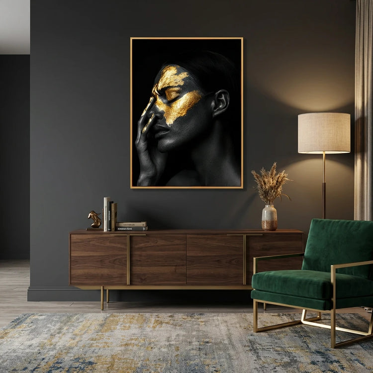 Tablou Canvas Modern Negru cu Accente Aurii, Pictat Manual