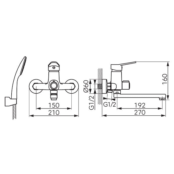 Isso - Baterie perete cada-dus cu pipa mobila, 19,2 cm, crom BIS33A-2