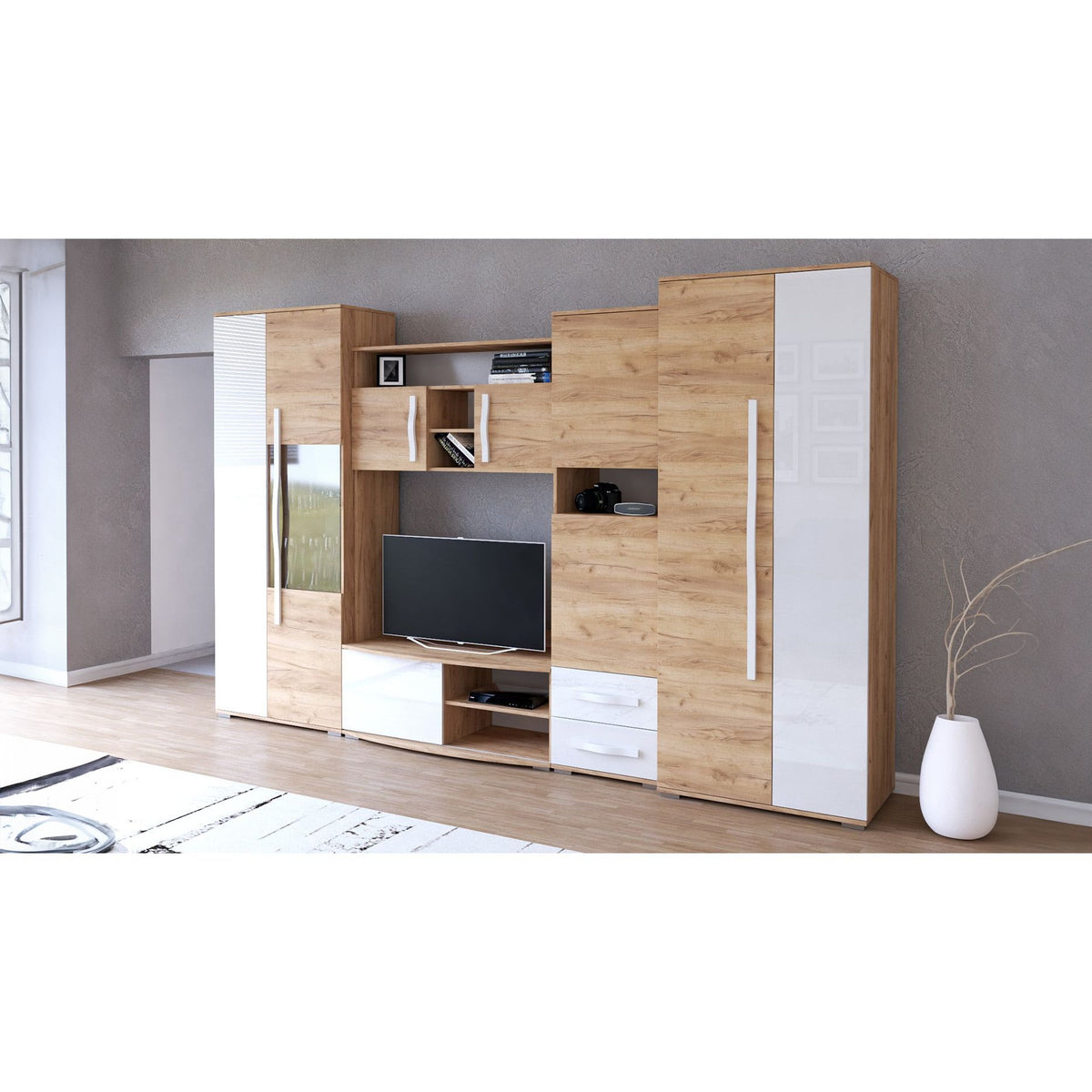 Bibliotecă living Laura, 320 cm, Sonoma Alb