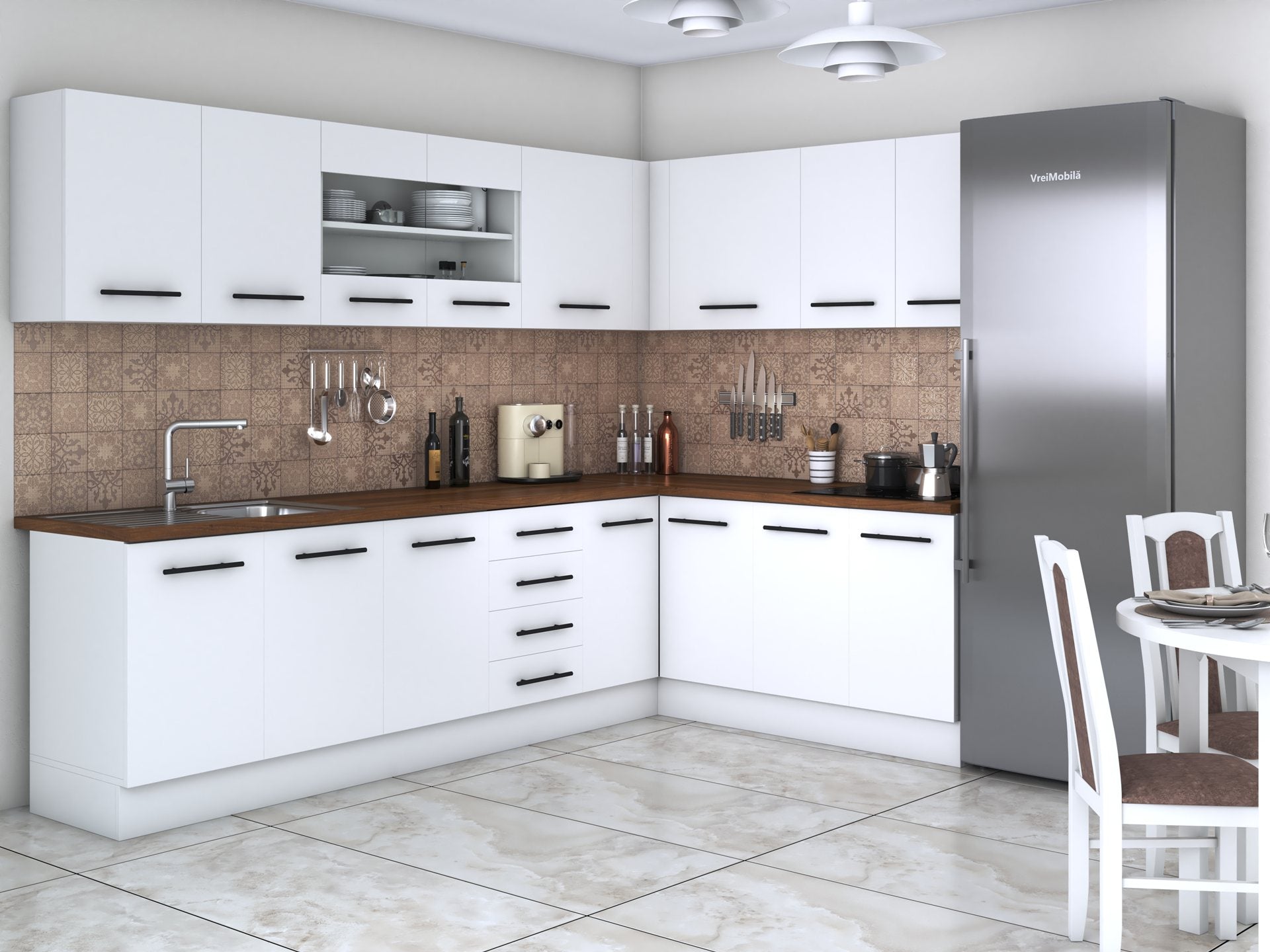 Bucatarie de colt Alfa, Cu vitrina, Blat termic