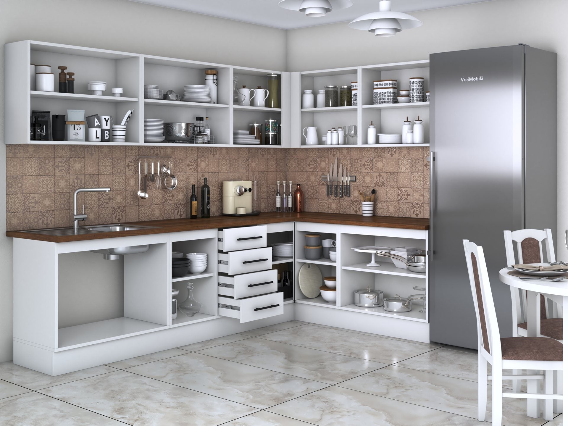 Bucatarie de colt Alfa, Cu vitrina, Blat termic