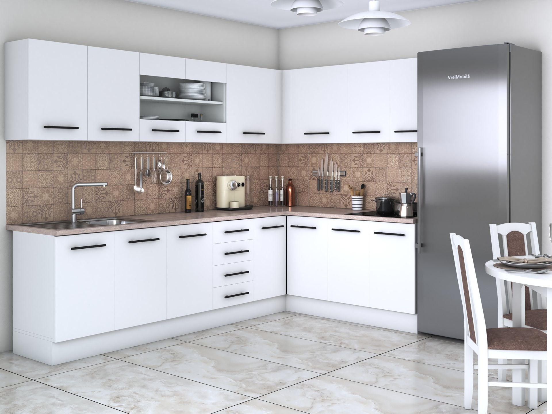 Bucatarie de colt Alfa, Cu vitrina, Blat termic