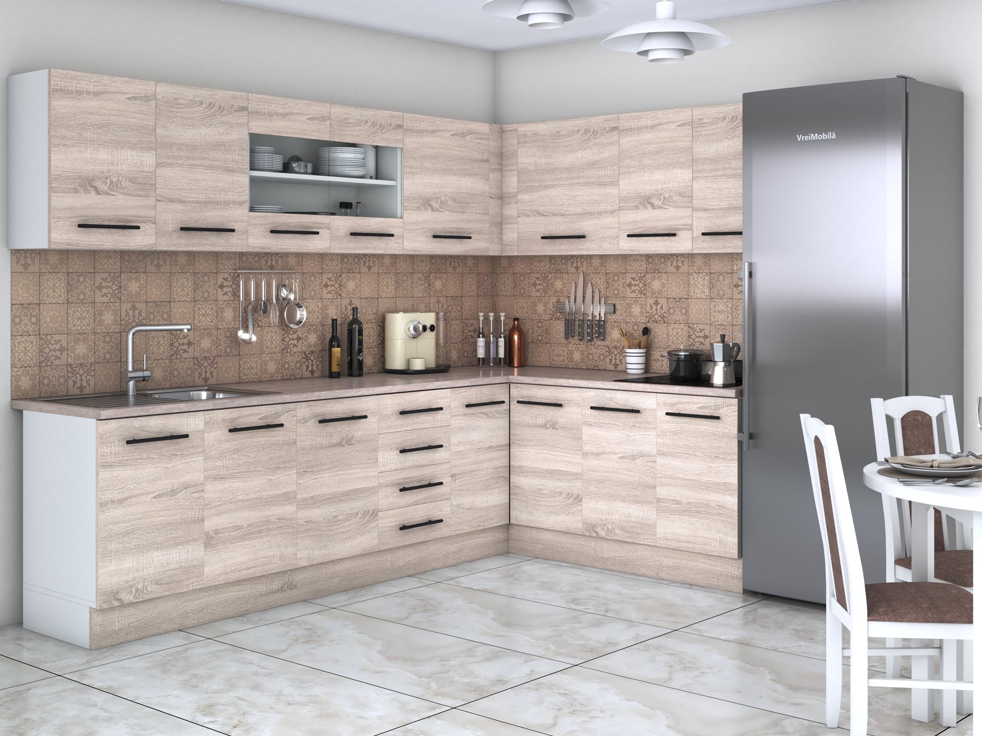 Bucatarie de colt Alfa, Cu vitrina, Blat termic