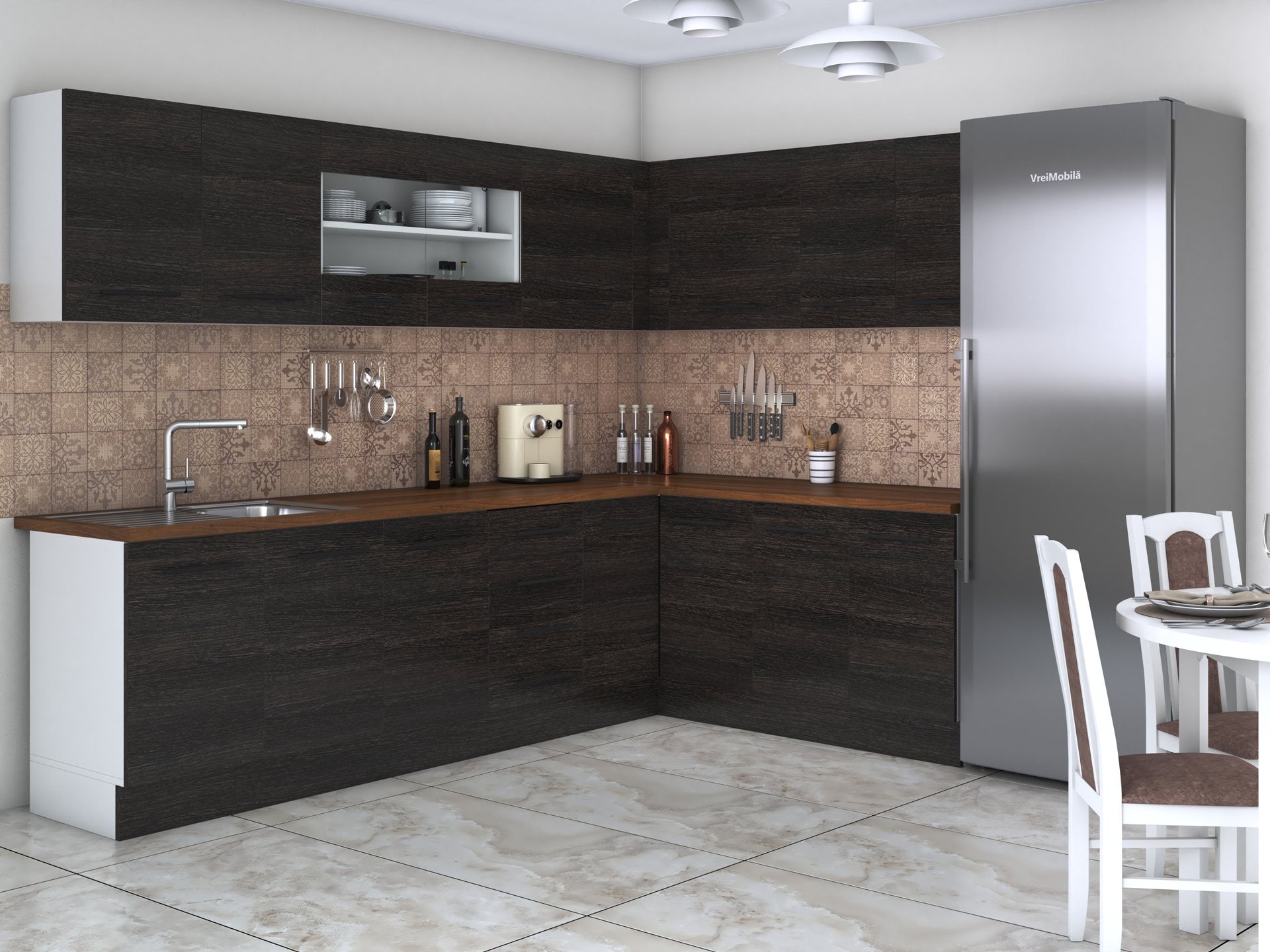 Bucatarie de colt Alfa, Cu vitrina, Blat termic