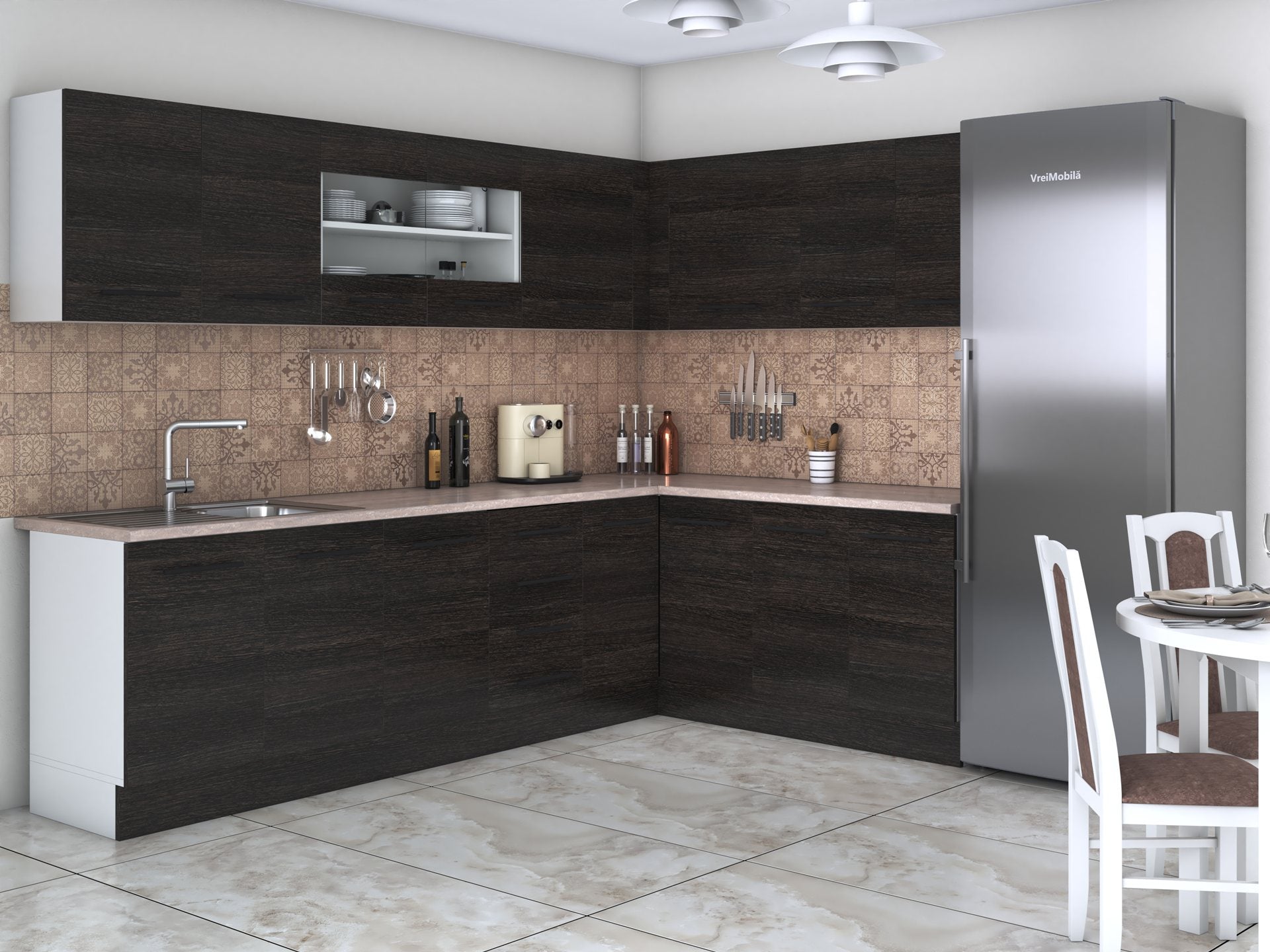 Bucatarie de colt Alfa, Cu vitrina, Blat termic