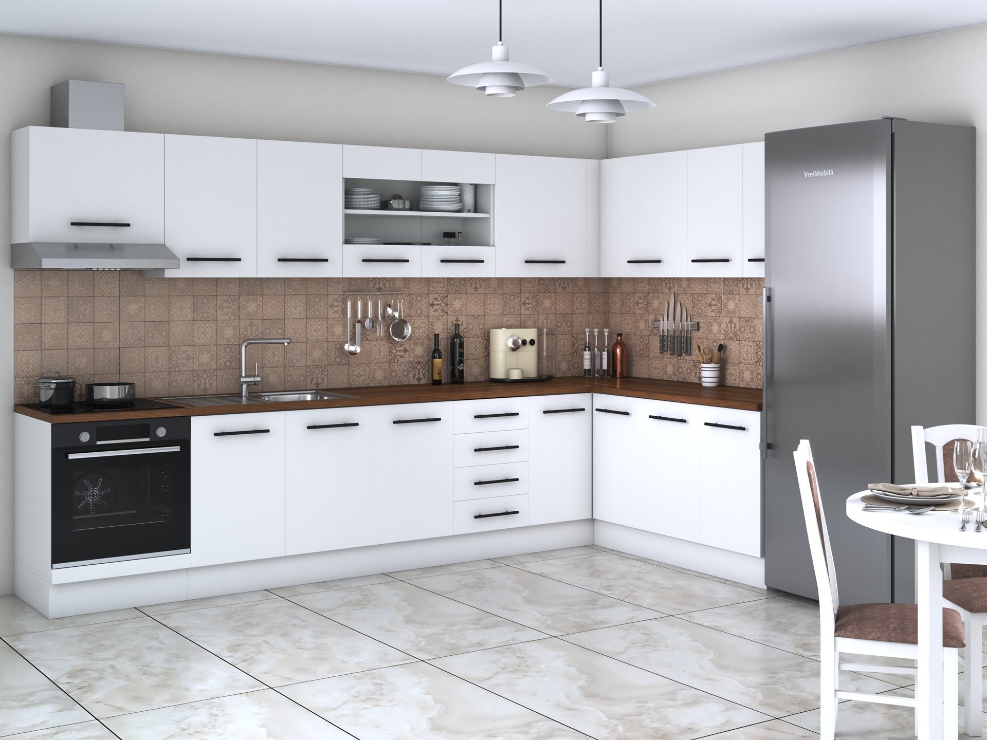 Bucatarie de colt Alfa, Corp hota, Corp cuptor, Cu vitrina, Blat termic