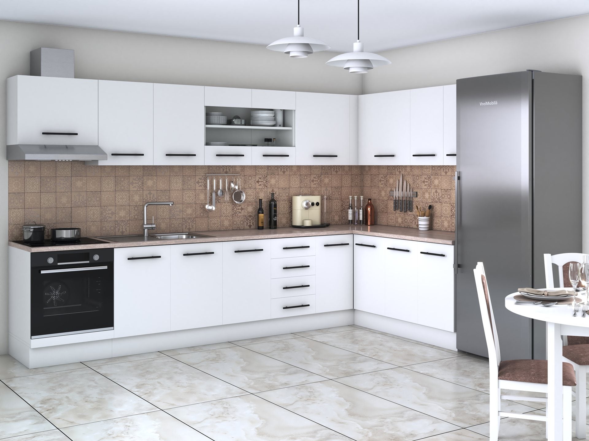 Bucatarie de colt Alfa, Corp hota, Corp cuptor, Cu vitrina, Blat termic