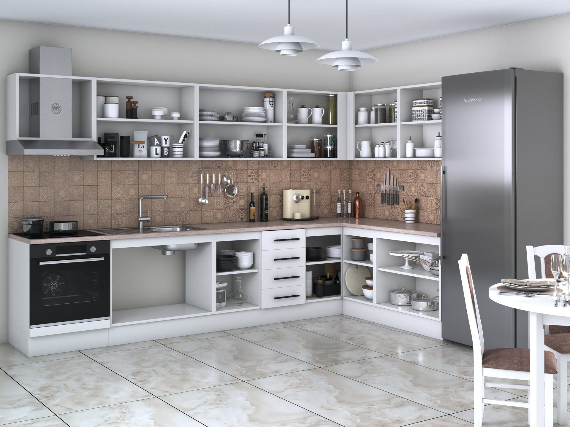 Bucatarie de colt Alfa, Corp hota, Corp cuptor, Cu vitrina, Blat termic