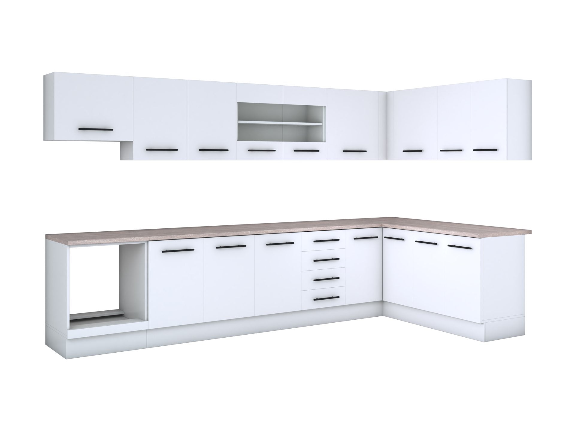 Bucatarie de colt Alfa, Corp hota, Corp cuptor, Cu vitrina, Blat termic