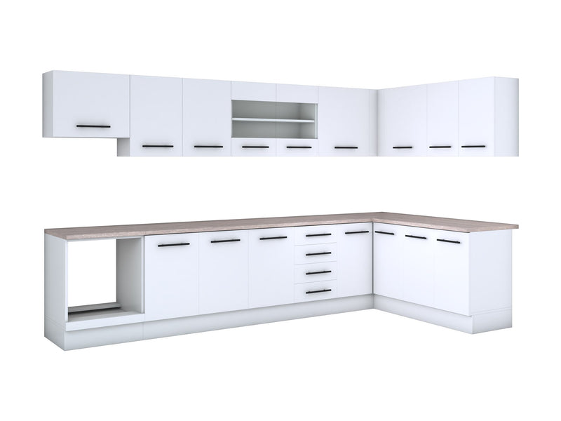 Bucatarie de colt Alfa, Corp hota, Corp cuptor, Cu vitrina, Blat termic 340x180cm-3