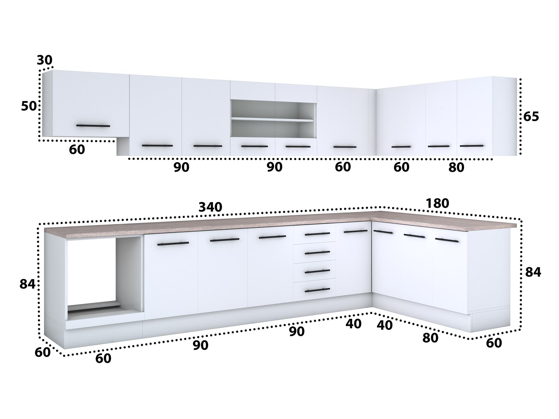Bucatarie de colt Alfa, Corp hota, Corp cuptor, Cu vitrina, Blat termic