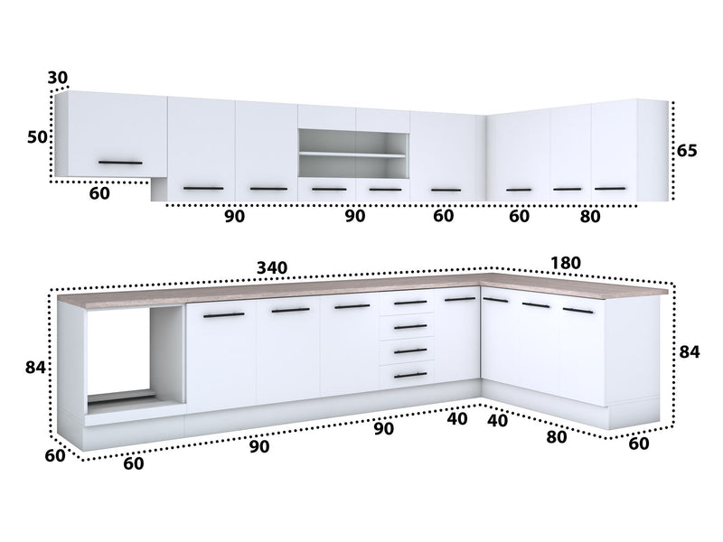Bucatarie de colt Alfa, Corp hota, Corp cuptor, Cu vitrina, Blat termic 340x180cm-4