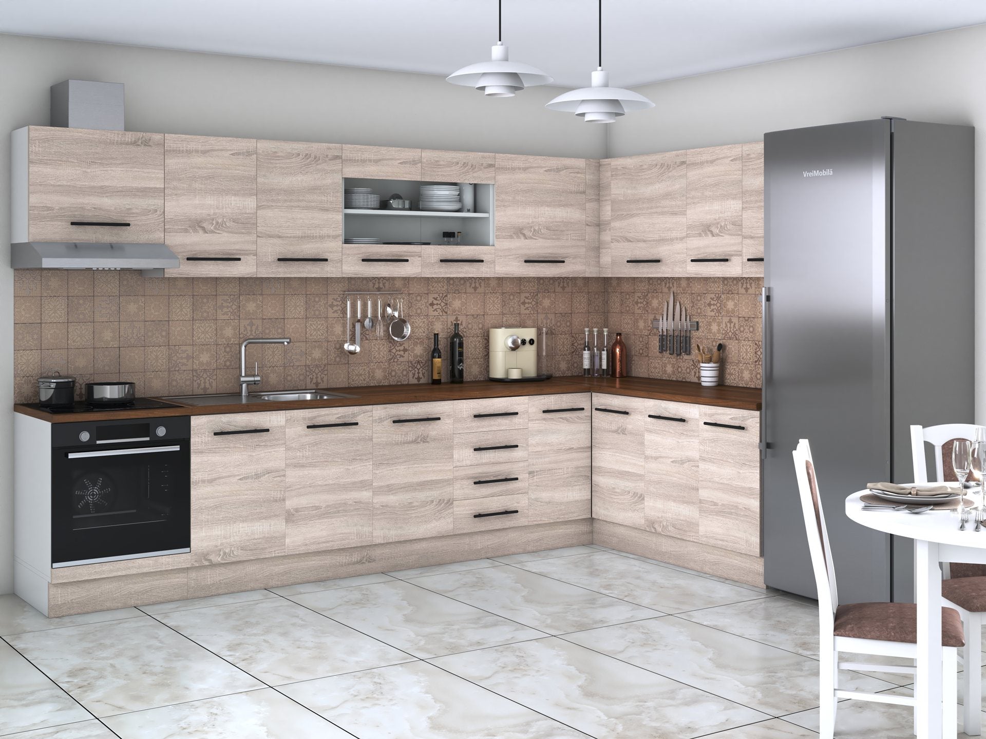 Bucatarie de colt Alfa, Corp hota, Corp cuptor, Cu vitrina, Blat termic