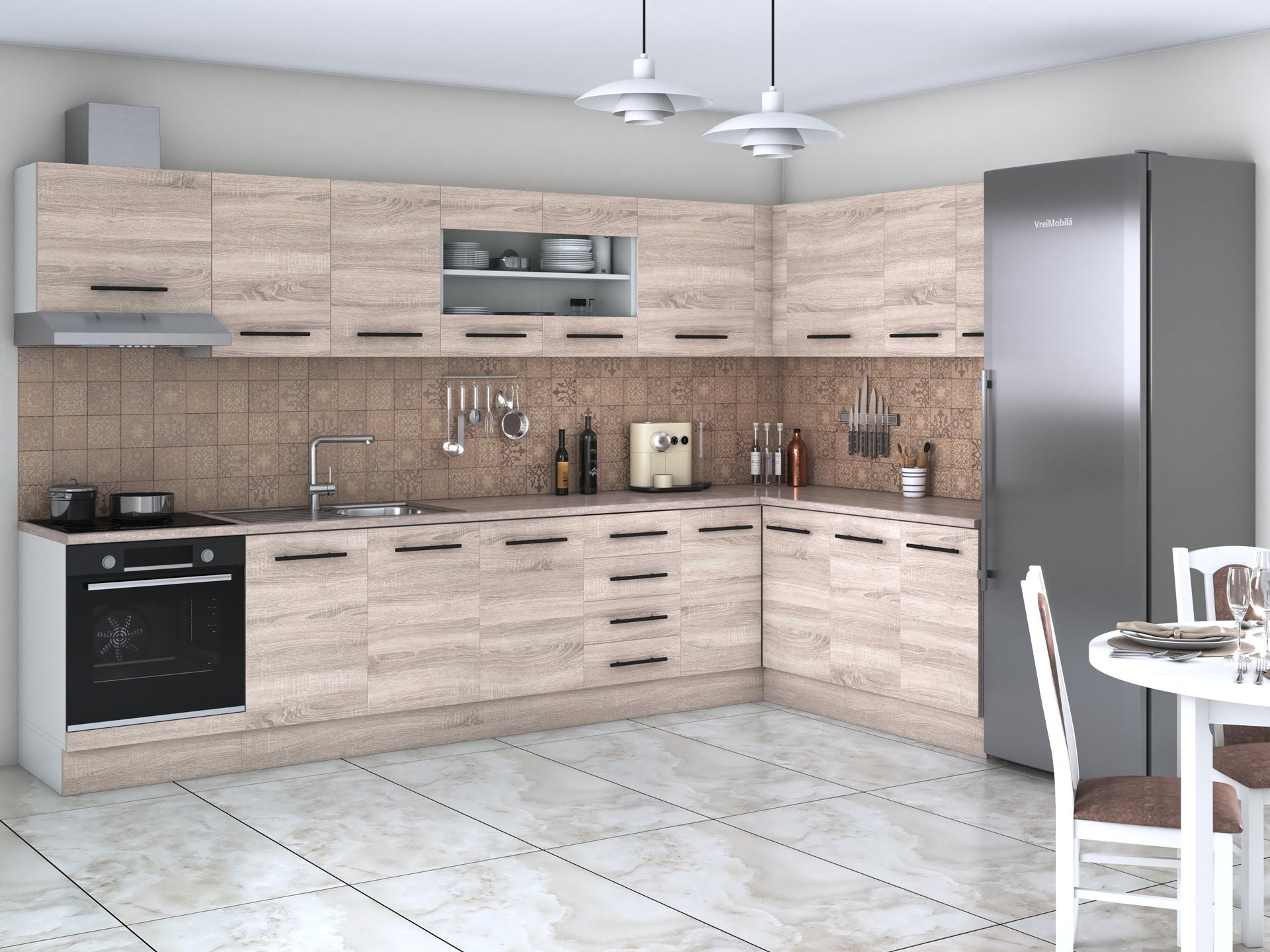 Bucatarie de colt Alfa, Corp hota, Corp cuptor, Cu vitrina, Blat termic